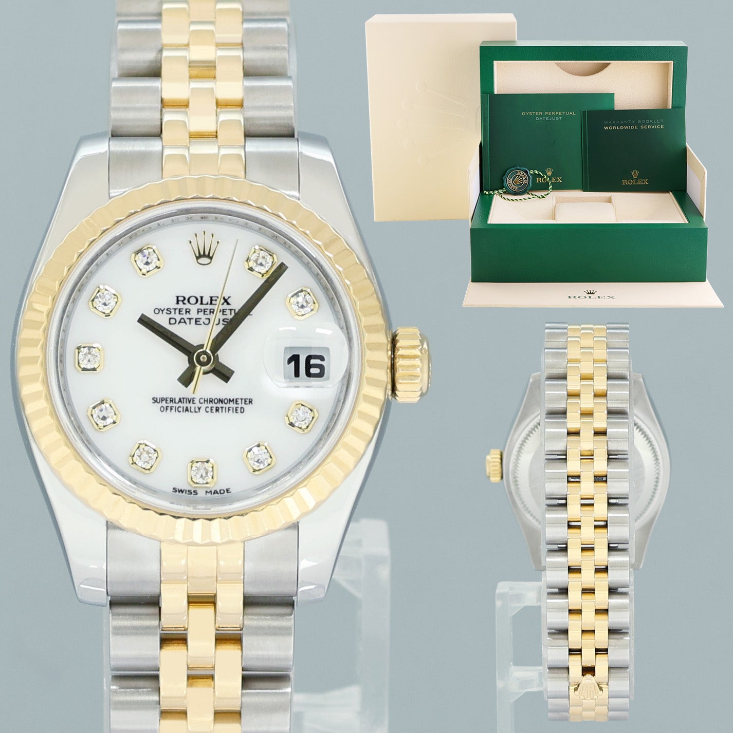 2008 MINT Rolex 179173 Ladies 26mm DateJust White Diamond Two-Tone Gold Steel Jubilee Watch