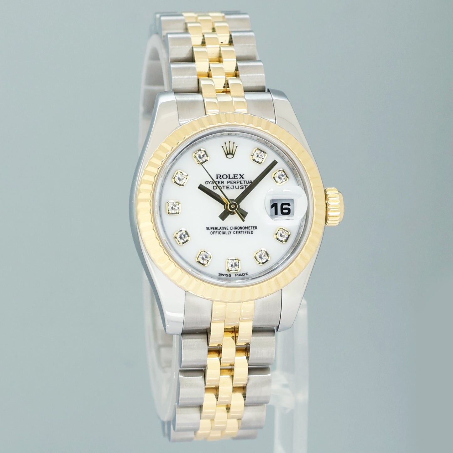 2008 MINT Rolex 179173 Ladies 26mm DateJust White Diamond Two-Tone Gold Steel Jubilee Watch