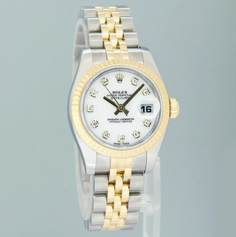 2008 MINT Rolex 179173 Ladies 26mm DateJust White Diamond Two-Tone Gold Steel Jubilee Watch