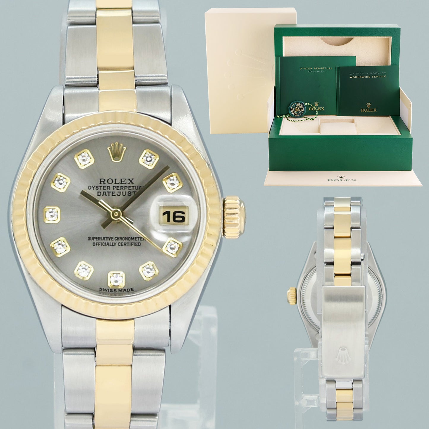 MINT Rolex 79173 DateJust Silver Diamond Two-Tone Yellow Gold Oyster Watch Box