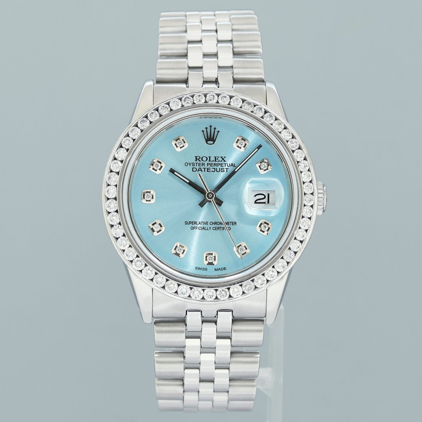 DIAMOND Bezel Rolex DateJust 36mm Glacier Blue Diamond 16030 Steel Watch Box