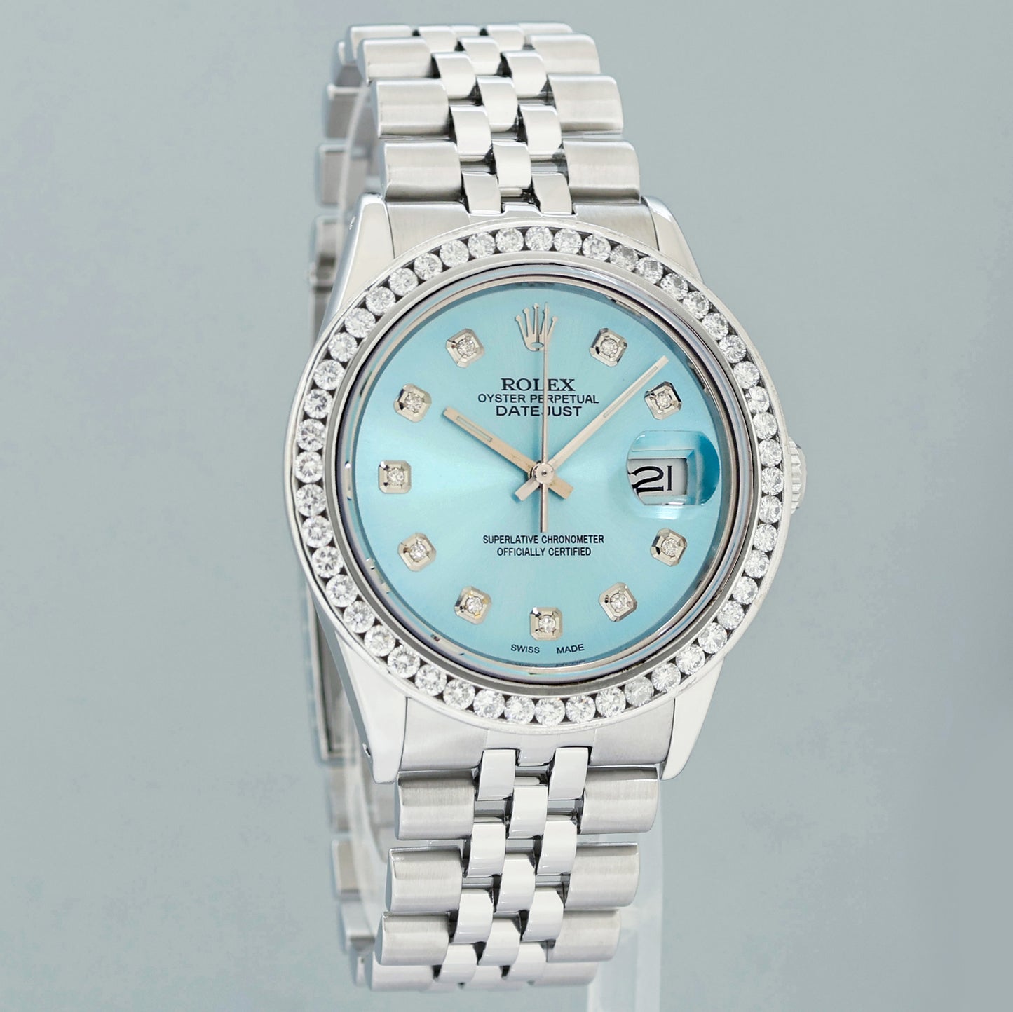 DIAMOND Bezel Rolex DateJust 36mm Glacier Blue Diamond 16030 Steel Watch Box