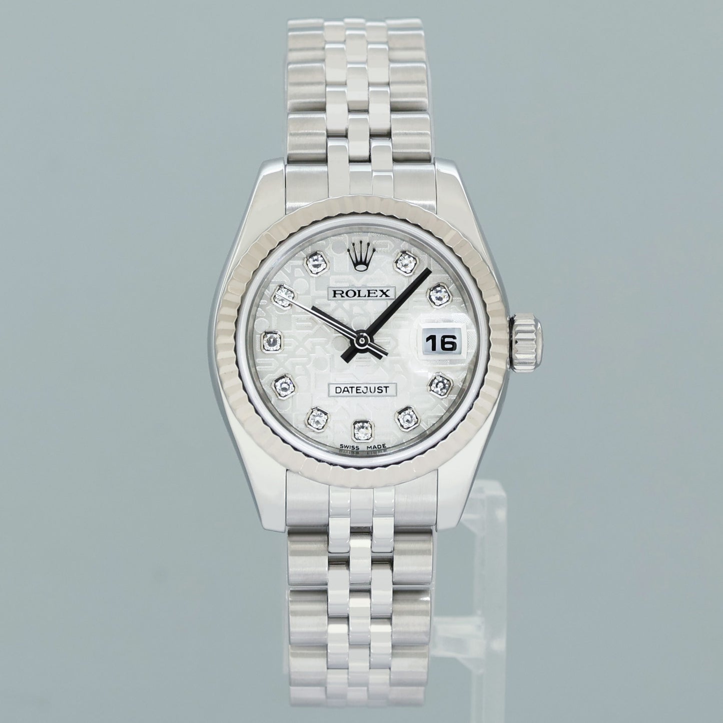 PAPERS MINT Ladies Rolex DateJust 179174 Silver Anniversary Diamond Jubilee 26mm Watch