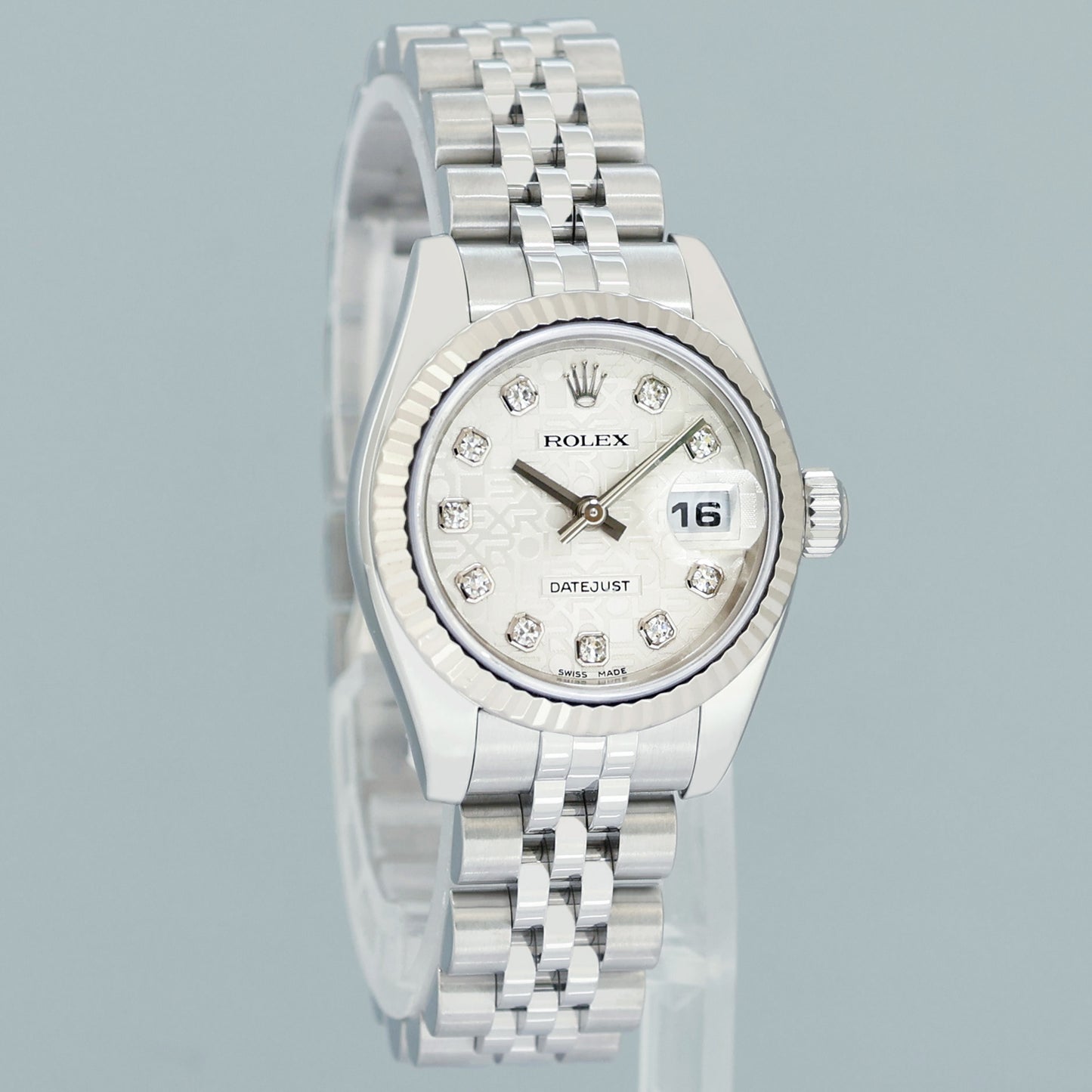 PAPERS MINT Ladies Rolex DateJust 179174 Silver Anniversary Diamond Jubilee 26mm Watch