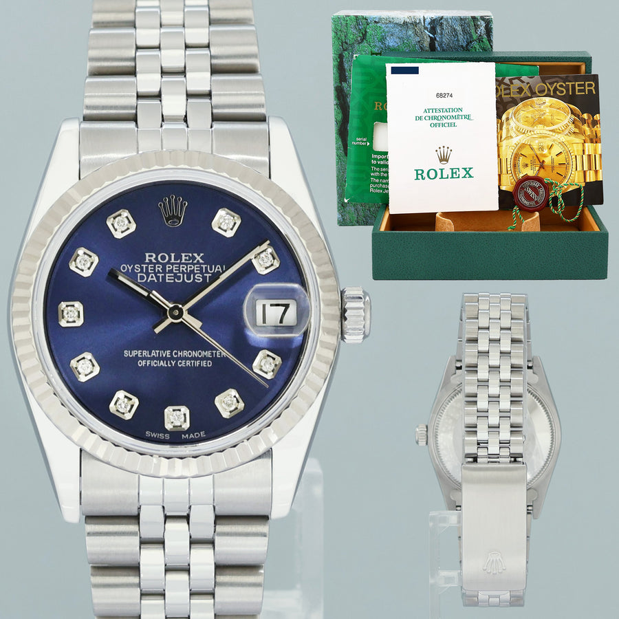 PAPERS Blue Diamond Ladies Rolex Midsize 31mm Datejust Jubilee Steel 68274 Watch Box
