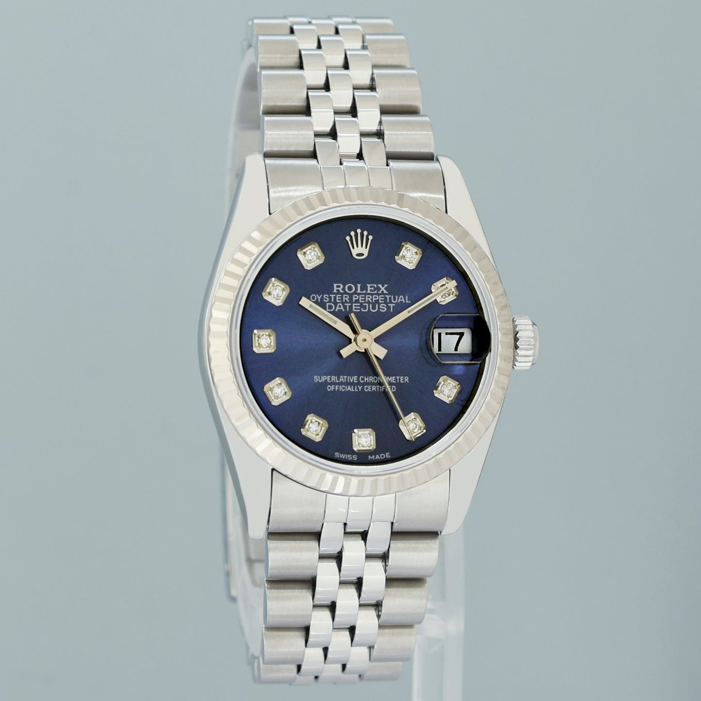 PAPERS Blue Diamond Ladies Rolex Midsize 31mm Datejust Jubilee Steel 68274 Watch Box