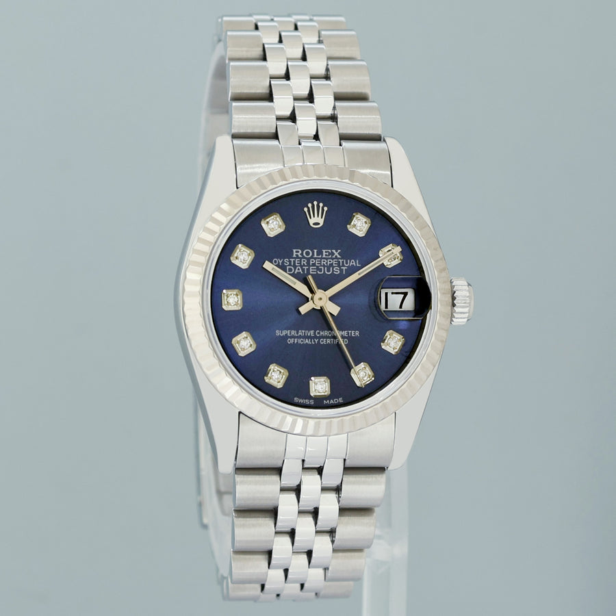 PAPERS Blue Diamond Ladies Rolex Midsize 31mm Datejust Jubilee Steel 68274 Watch Box