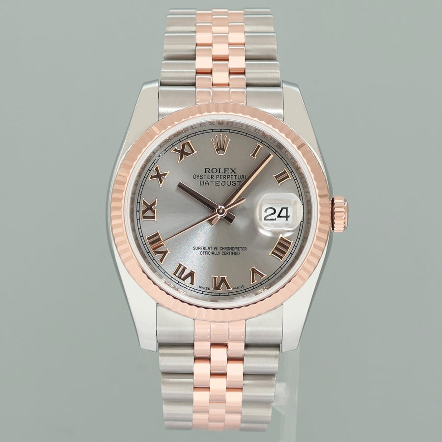 MINT 2015 PAPERS Rolex 116231 Jubilee DateJust Tone Rose Gold 36mm Silver Roman Watch