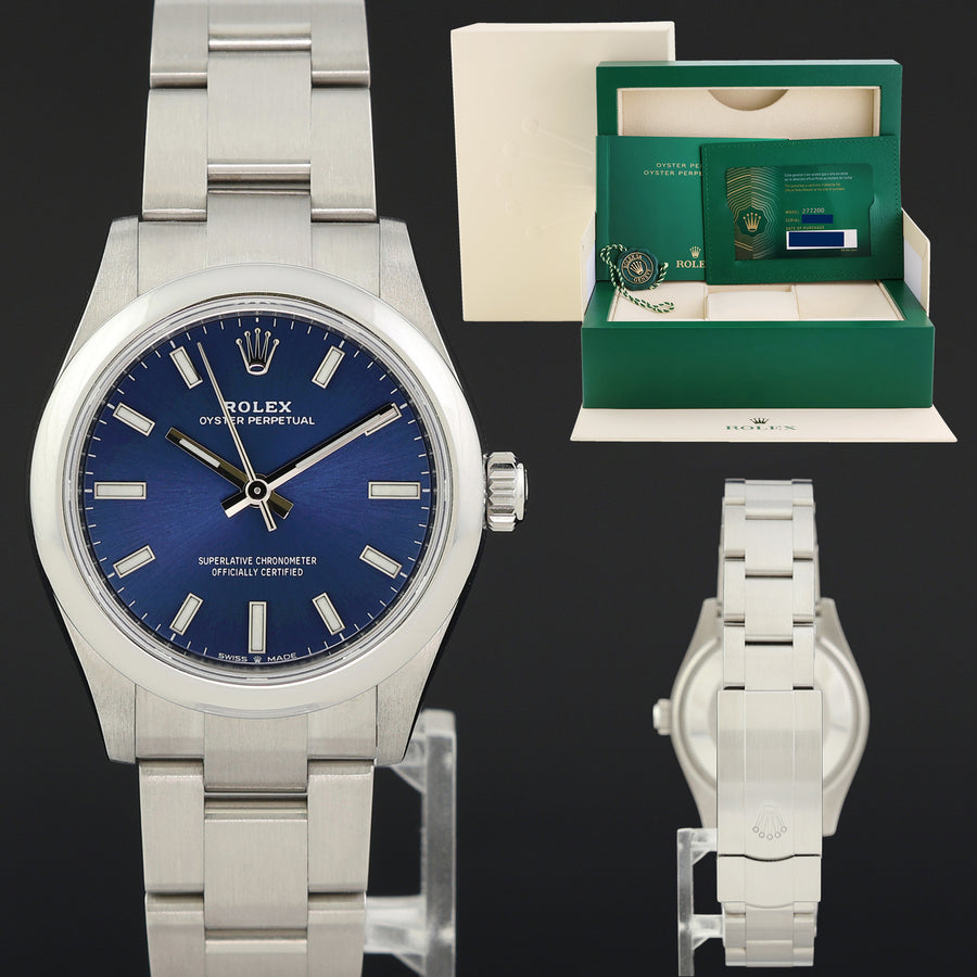 PAPERS 2023 MINT Rolex Oyster 277200 Perpetual 31mm Blue Stick Watch Box