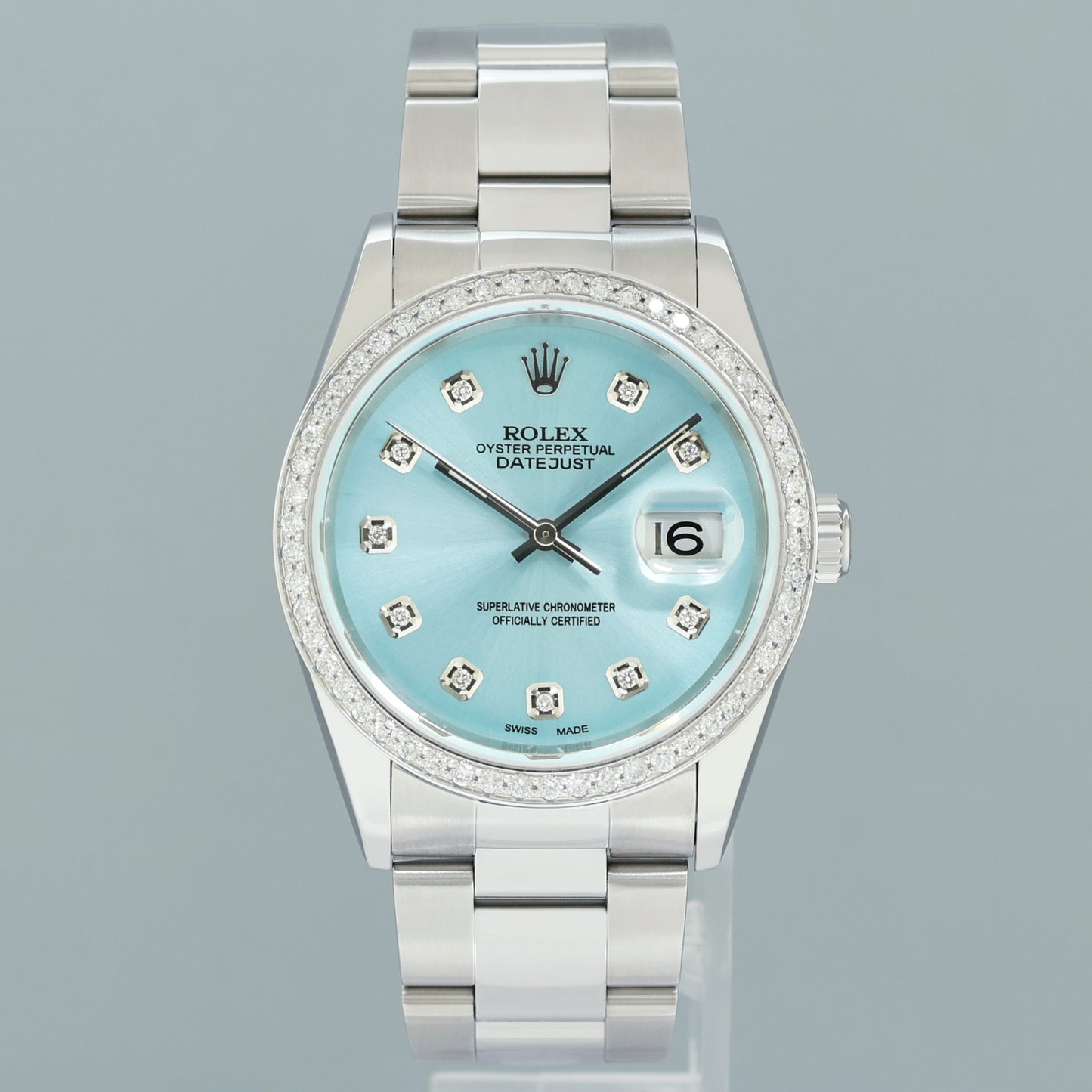 DIAMOND Bezel Rolex DateJust 36mm Glacier Blue Diamond 16200 Oyster Steel Watch Box