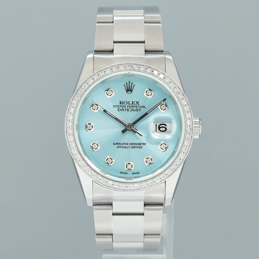 DIAMOND Bezel Rolex DateJust 36mm Glacier Blue Diamond 16200 Oyster Steel Watch Box