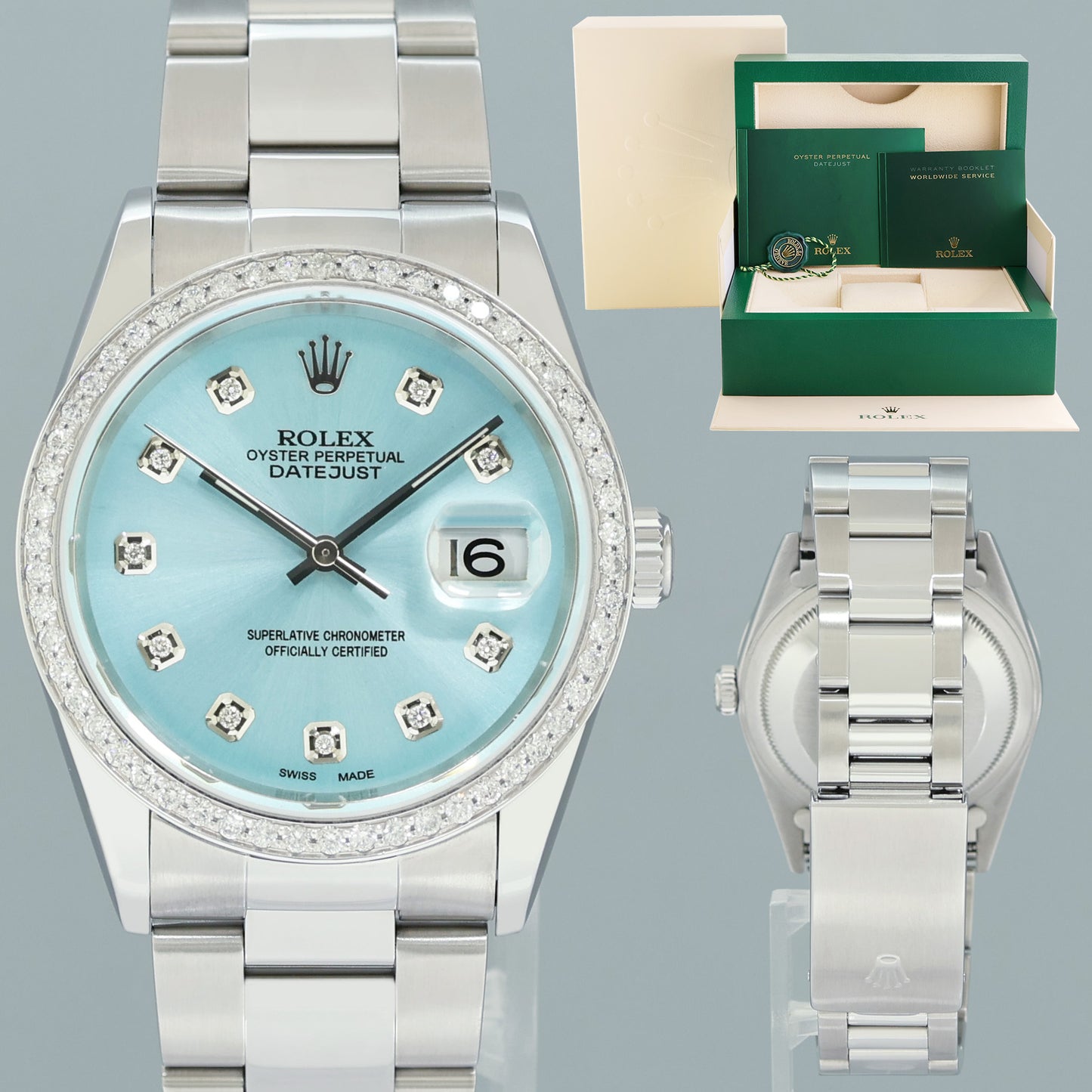 DIAMOND Bezel Rolex DateJust 36mm Glacier Blue Diamond 16200 Oyster Steel Watch Box