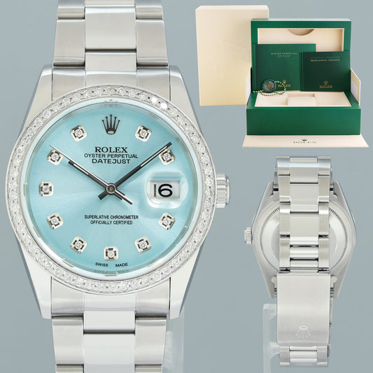 DIAMOND Bezel Rolex DateJust 36mm Glacier Blue Diamond 16200 Oyster Steel Watch Box