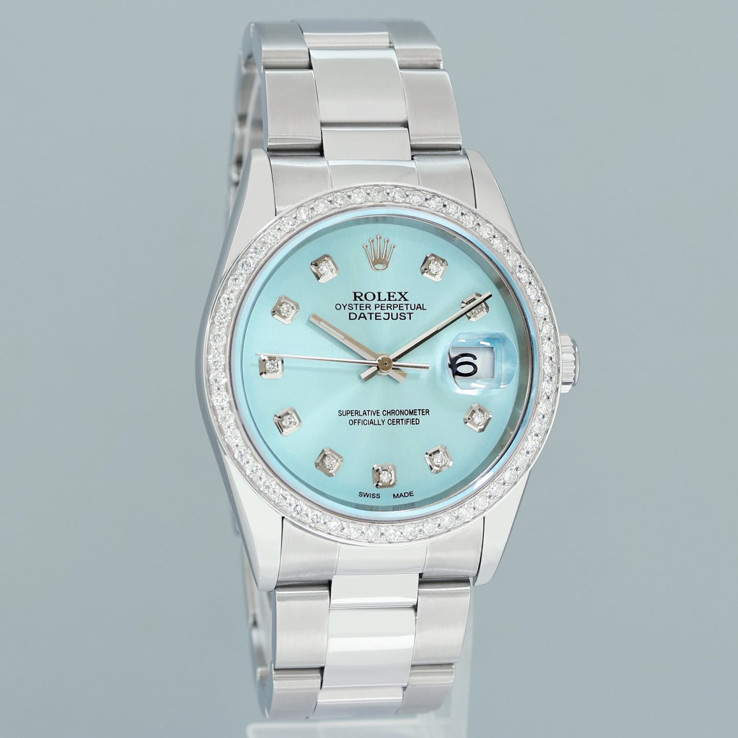 DIAMOND Bezel Rolex DateJust 36mm Glacier Blue Diamond 16200 Oyster Steel Watch Box