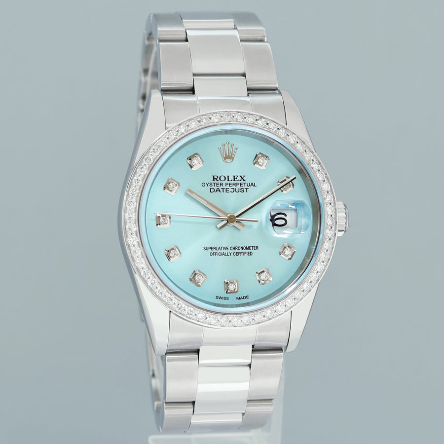 DIAMOND Bezel Rolex DateJust 36mm Glacier Blue Diamond 16200 Oyster Steel Watch Box