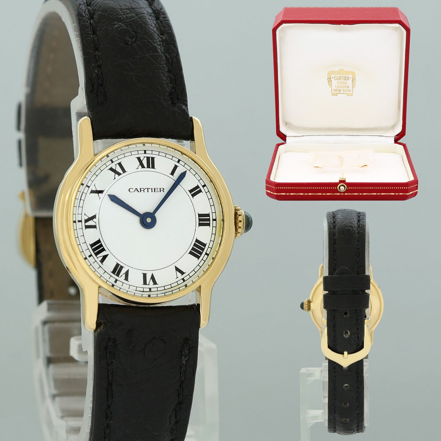 Cartier 7824 Riviera Yellow Gold Leather Manual Wind White Roman Watch