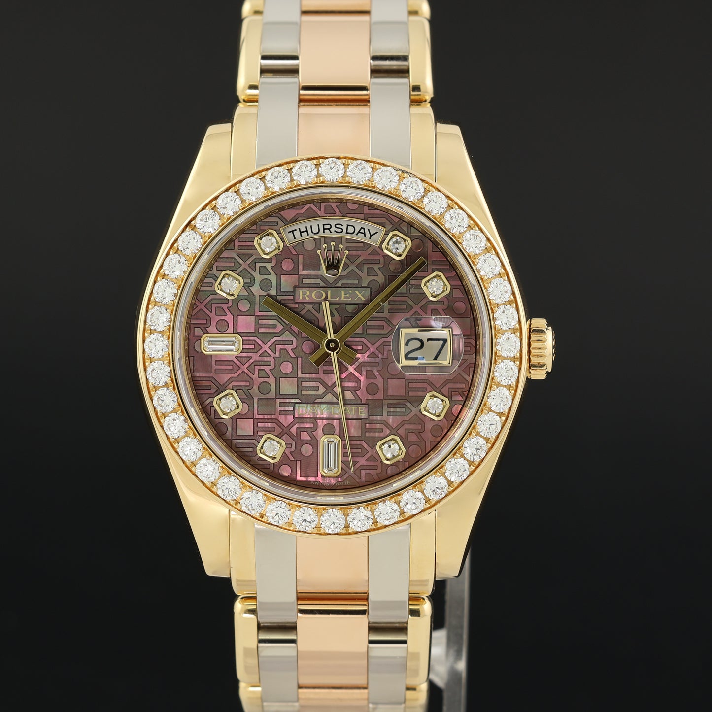 2014 MINT Rolex Masterpiece Day Date 18948 Tahitian Dark MOP Diamond Tridor Gold Watch