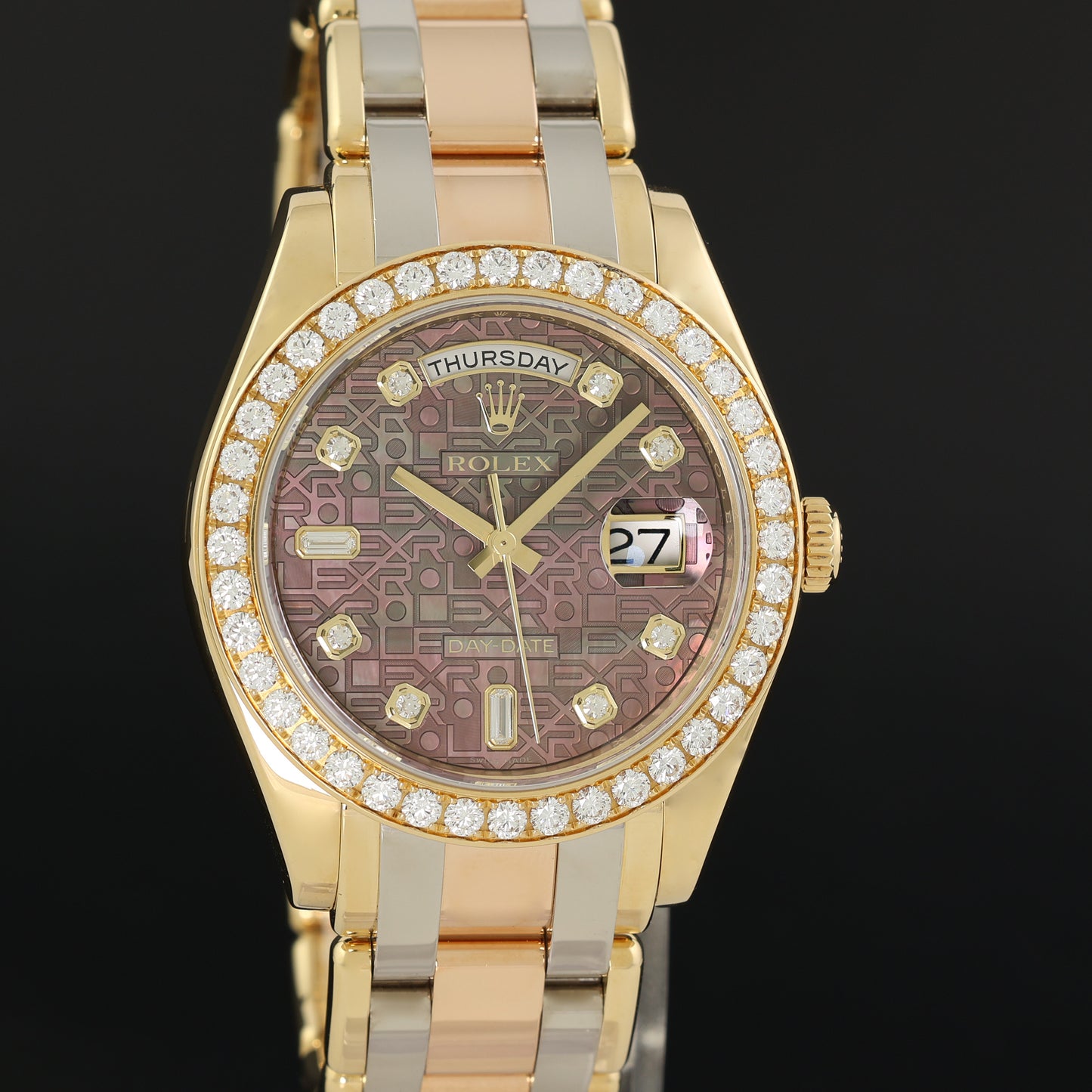 2014 MINT Rolex Masterpiece Day Date 18948 Tahitian Dark MOP Diamond Tridor Gold Watch