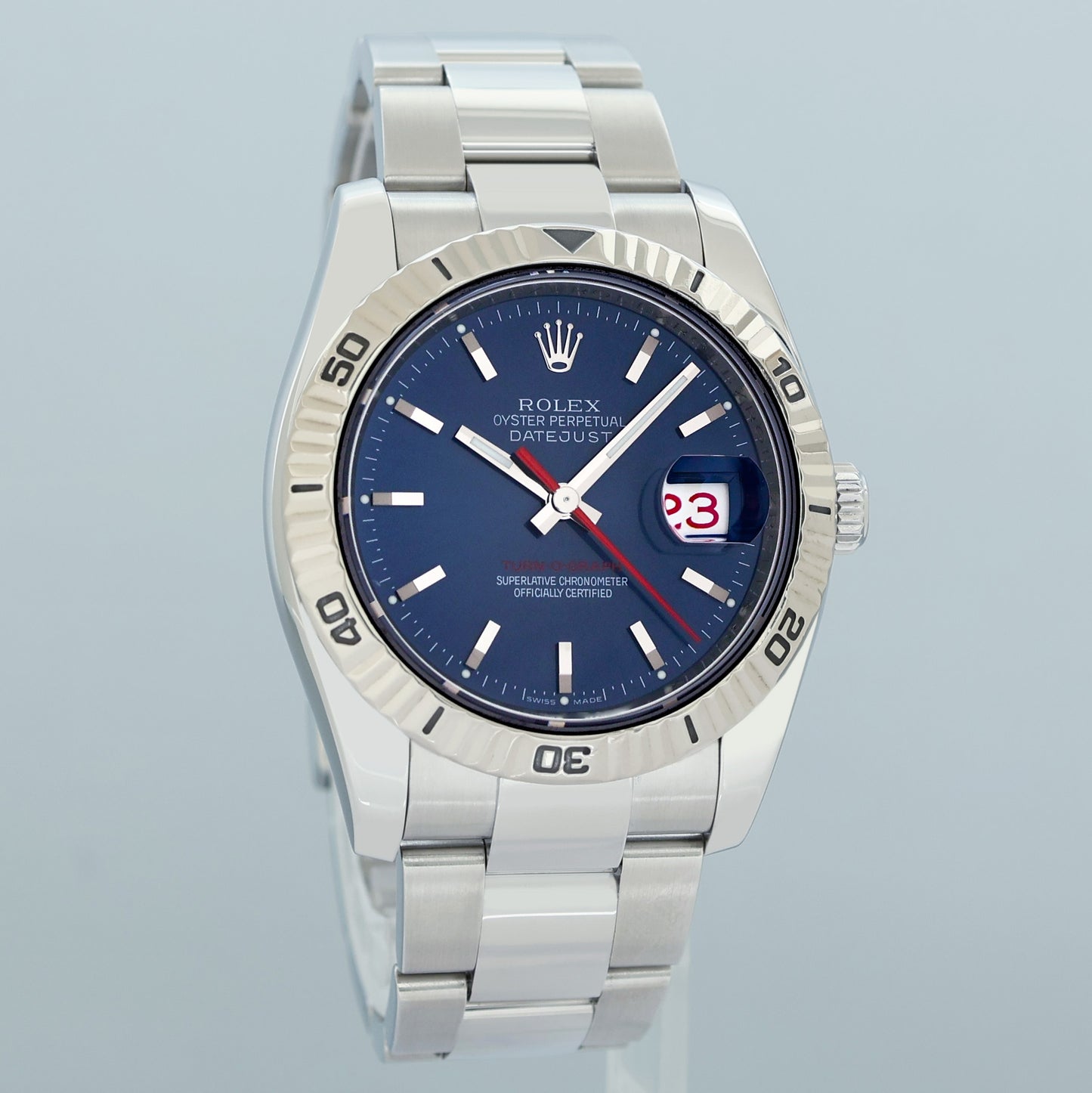 2013 MINT Rolex 116264 DateJust Turn-O-Graph Steel Blue Stick White Gold Fluted Watch