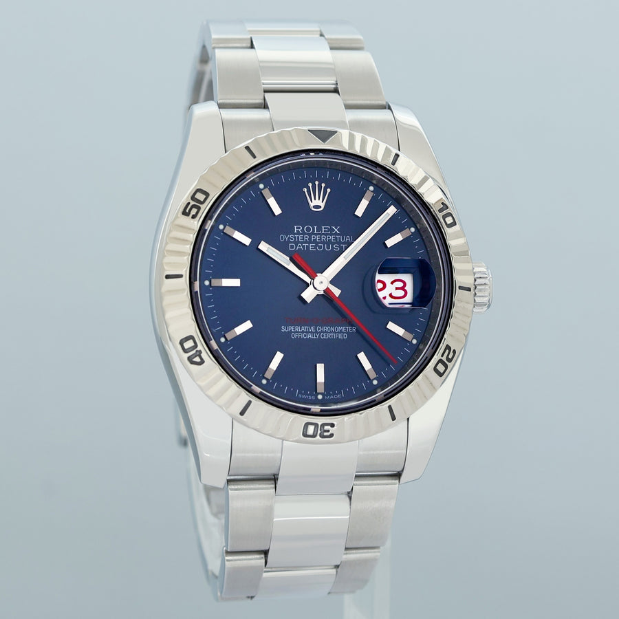 2013 MINT Rolex 116264 DateJust Turn-O-Graph Steel Blue Stick White Gold Fluted Watch