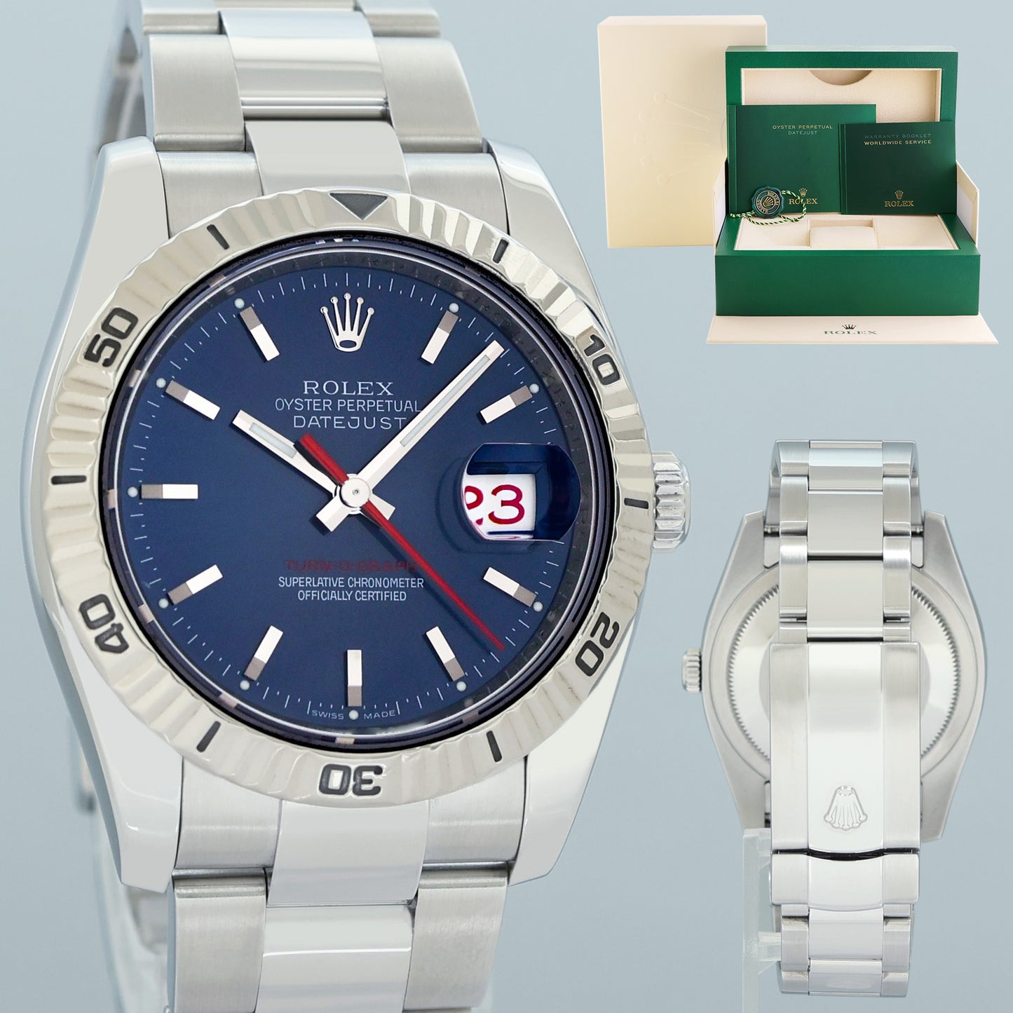 2013 MINT Rolex 116264 DateJust Turn-O-Graph Steel Blue Stick White Gold Fluted Watch