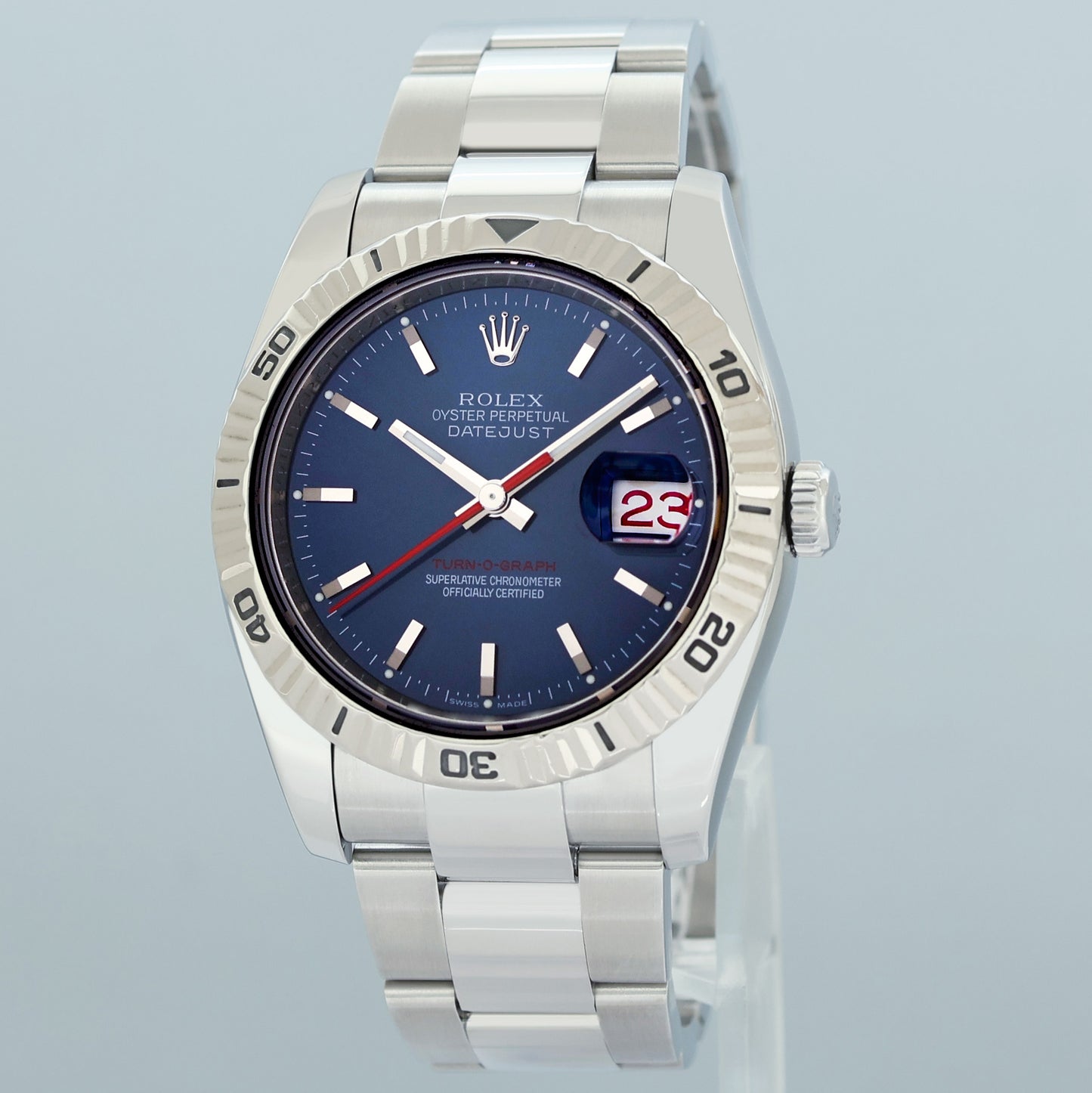 2013 MINT Rolex 116264 DateJust Turn-O-Graph Steel Blue Stick White Gold Fluted Watch