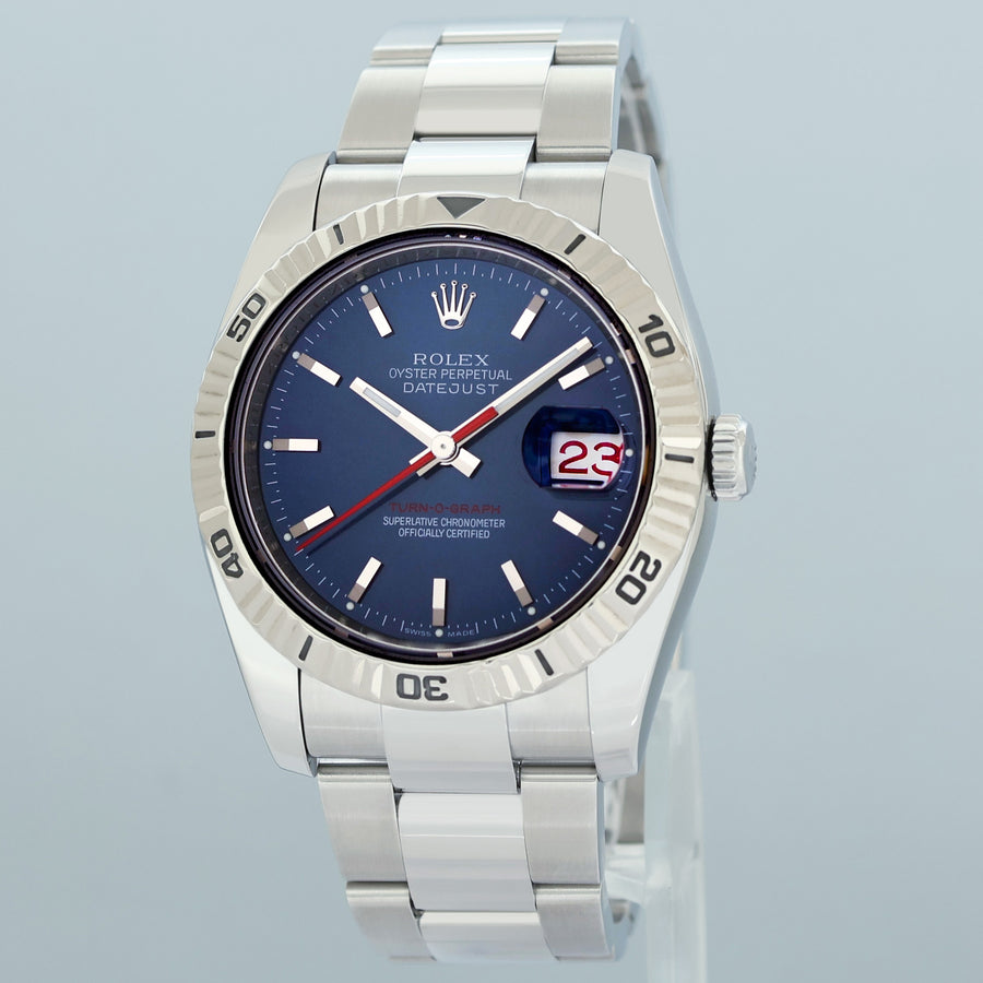 2013 MINT Rolex 116264 DateJust Turn-O-Graph Steel Blue Stick White Gold Fluted Watch