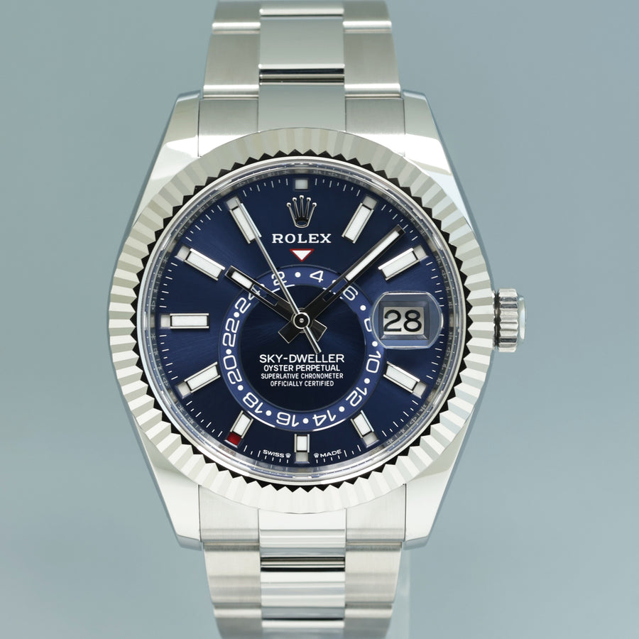 2024 MINT Rolex Sky-Dweller 336934 Steel Blue 42mm Oyster Fluted Watch Box
