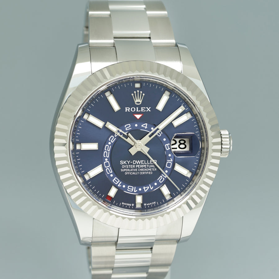 2024 MINT Rolex Sky-Dweller 336934 Steel Blue 42mm Oyster Fluted Watch Box