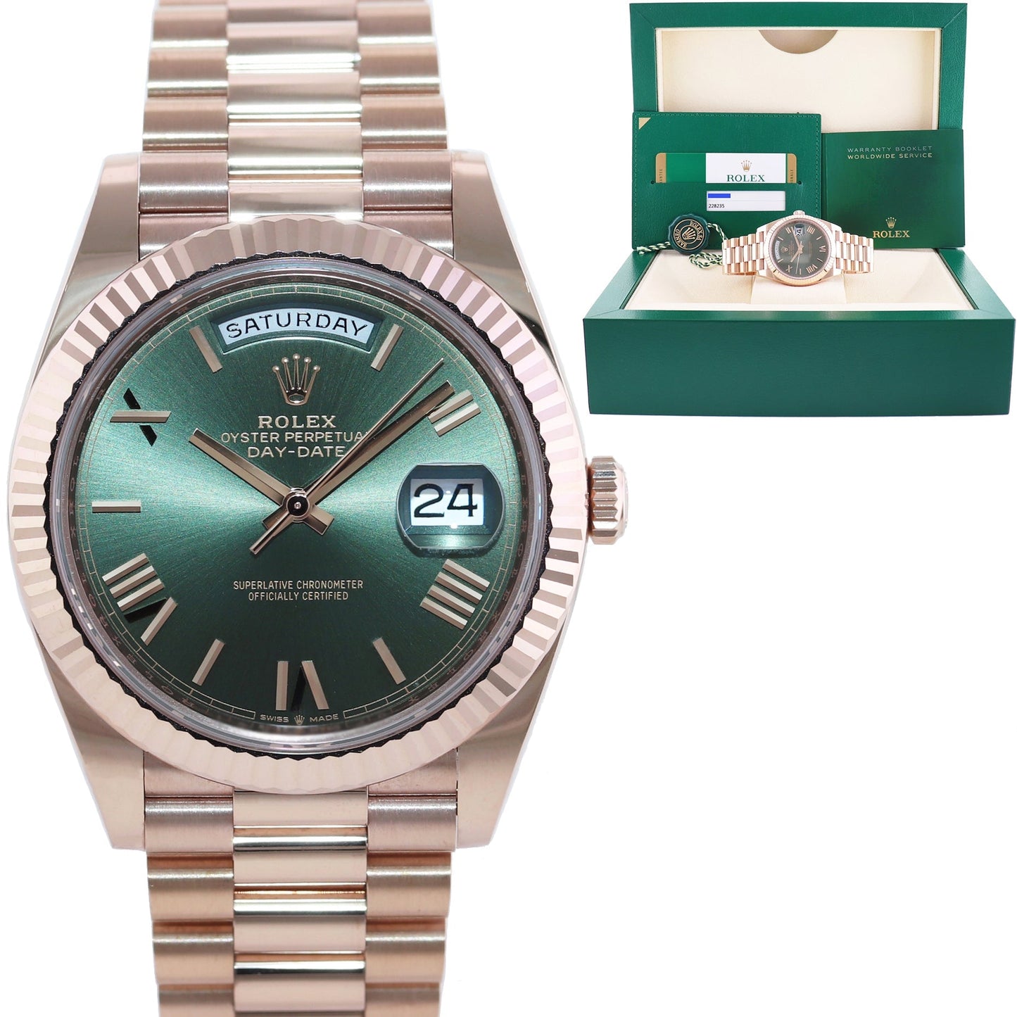 MINT 2019 PAPERS Rolex President 40mm Rose Gold Olive Green 228235 Watch Box