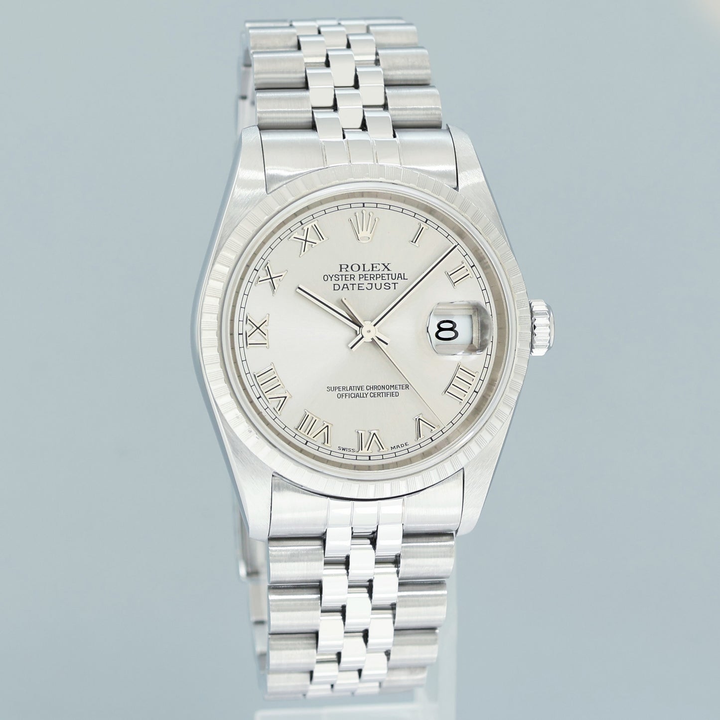MINT 2004 Rolex DateJust 36mm Silver Roman Dial Jubilee 16220 Steel Watch Box