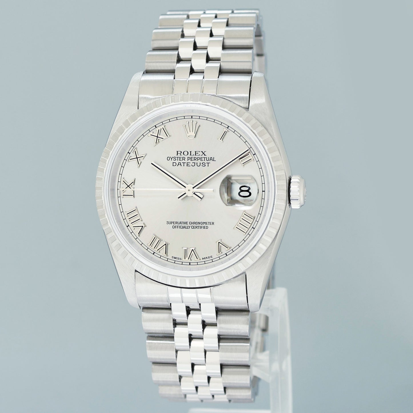 MINT 2004 Rolex DateJust 36mm Silver Roman Dial Jubilee 16220 Steel Watch Box