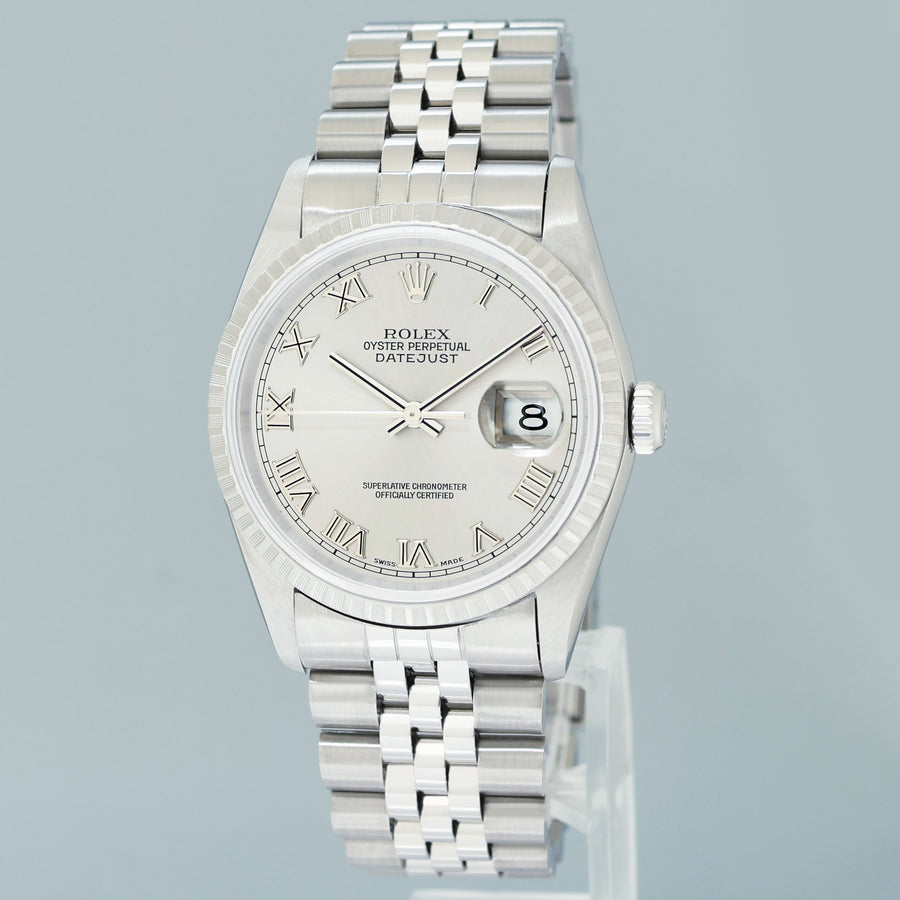 MINT 2004 Rolex DateJust 36mm Silver Roman Dial Jubilee 16220 Steel Watch Box