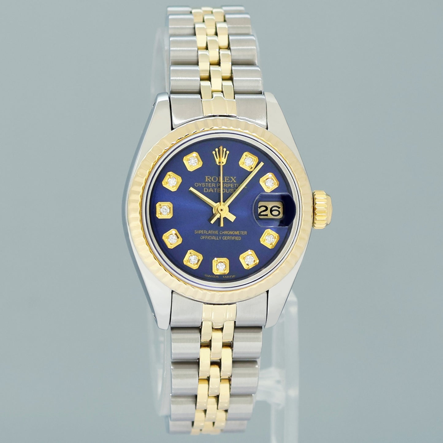 MINT Rolex DateJust 6917 Blue Diamond Two Tone Gold 26mm Jubilee Watch Box