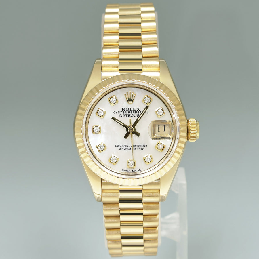MINT 69178 Pearl Diamond Ladies Rolex DateJust President 26mm Yellow Gold Watch