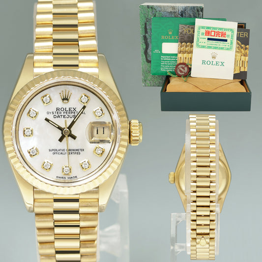 PAPERS MINT 69178 Pearl Diamond Ladies Rolex DateJust President 26mm Yellow Gold Watch