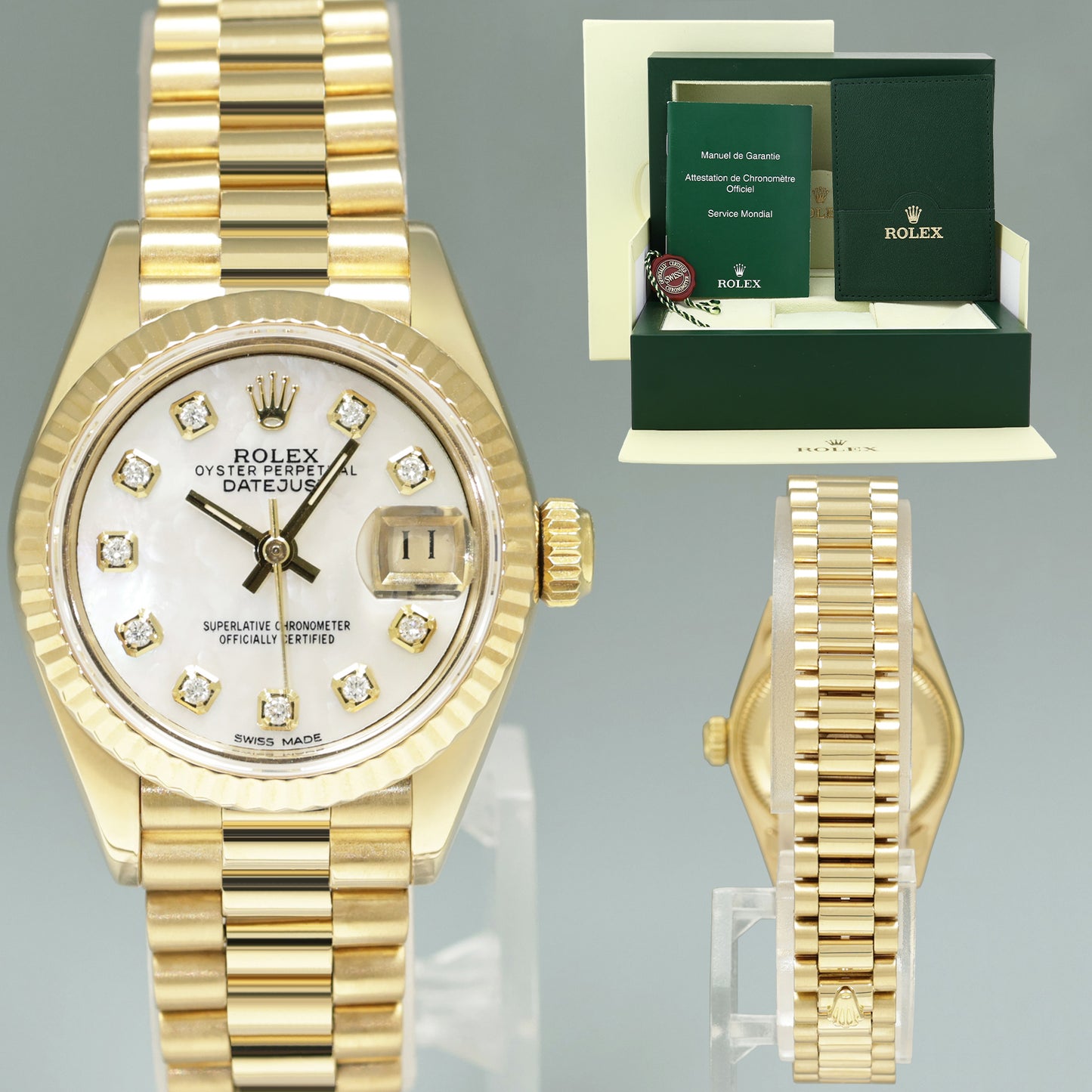 MINT 69178 Pearl Diamond Ladies Rolex DateJust President 26mm Yellow Gold Watch