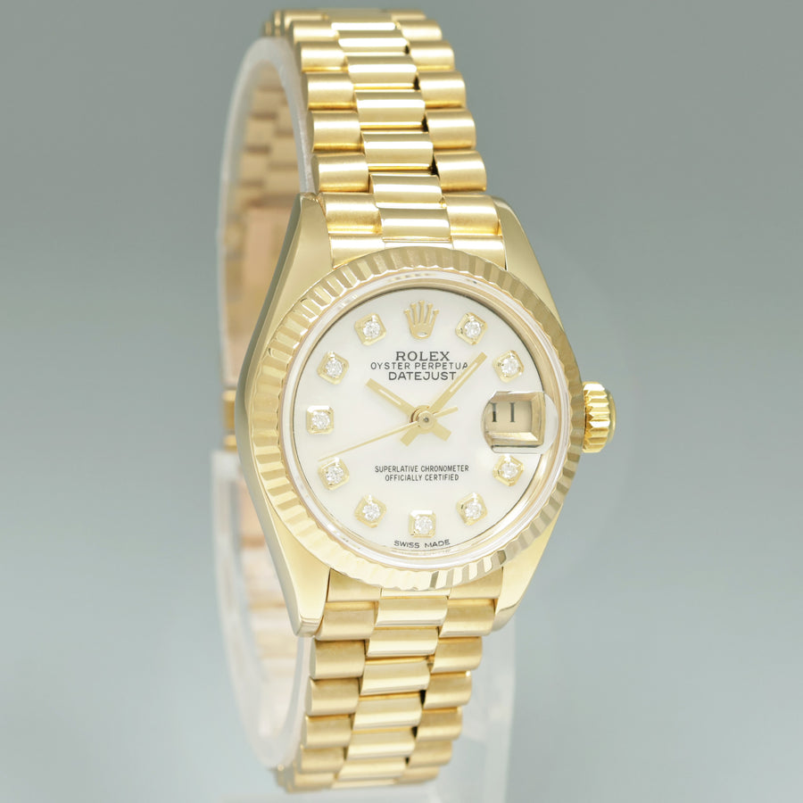 MINT 69178 Pearl Diamond Ladies Rolex DateJust President 26mm Yellow Gold Watch