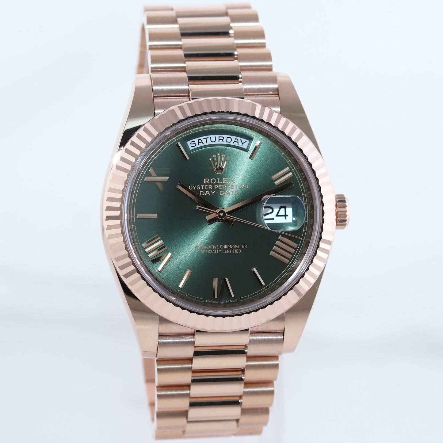MINT 2019 PAPERS Rolex President 40mm Rose Gold Olive Green 228235 Watch Box