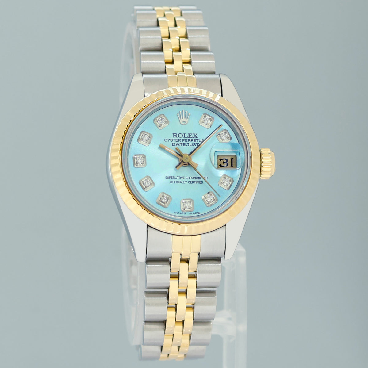 MINT Ladies Rolex 26mm 69173 DateJust Blue Diamond Two Tone Yellow Gold Jubilee Watch