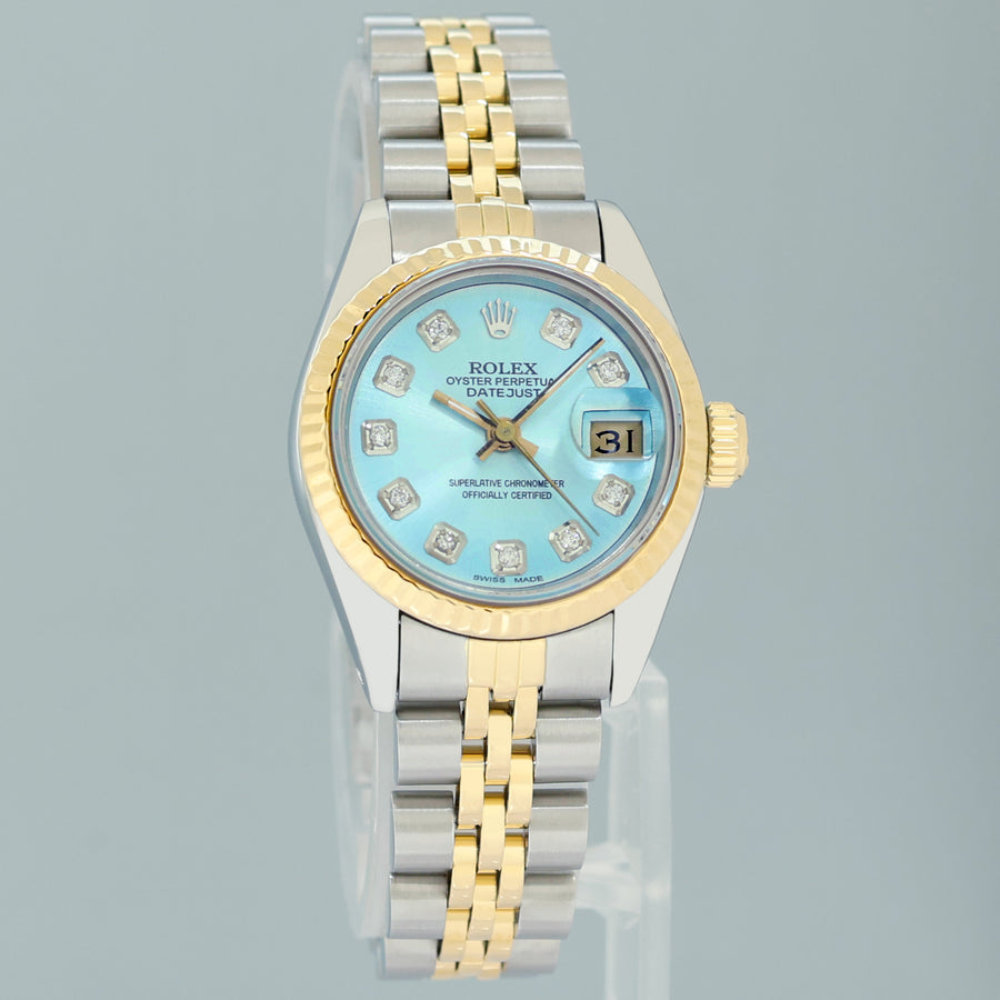 MINT Ladies Rolex 26mm 69173 DateJust Blue Diamond Two Tone Yellow Gold Jubilee Watch