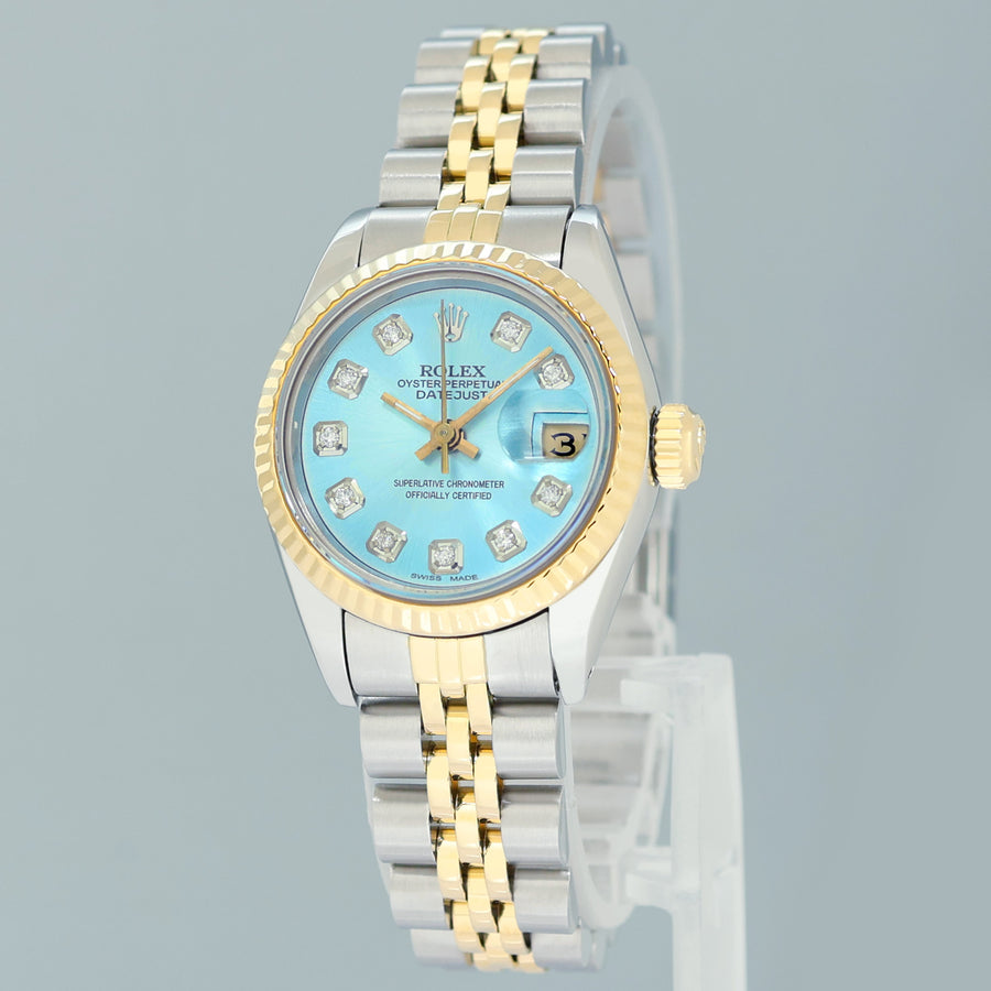 MINT Ladies Rolex 26mm 69173 DateJust Blue Diamond Two Tone Yellow Gold Jubilee Watch