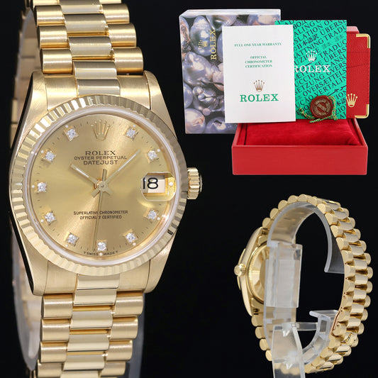 PAPERS MINT Rolex 68278 Yellow Gold 31mm Midsize Champagne Diamond Lady President Watch