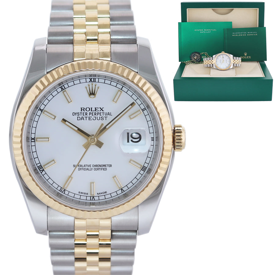 2015 MINT Rolex DateJust Jubilee Two Tone Gold Steel White Stick 36mm 116233 Watch