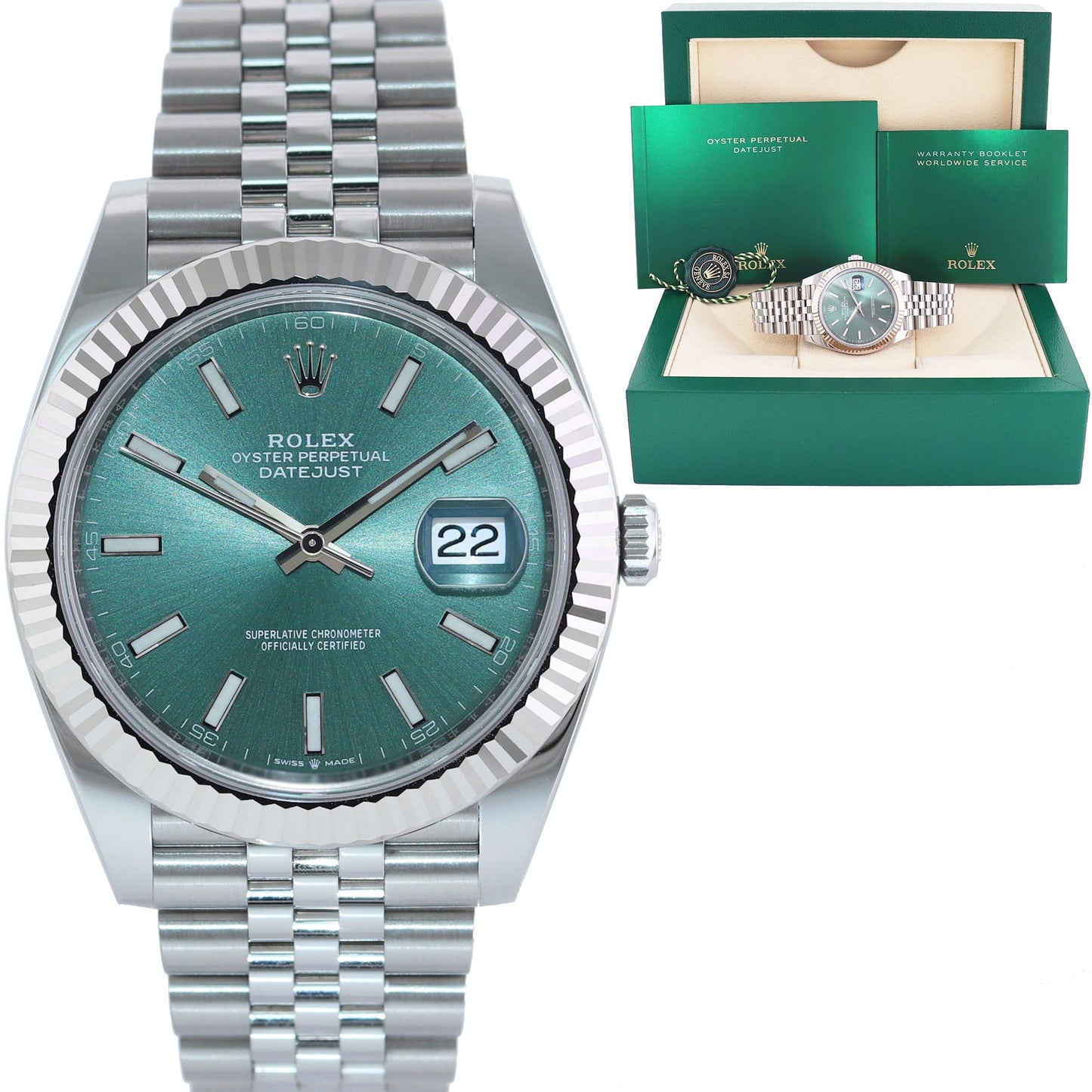 2023 MINT Rolex DateJust 41 Mint Green Stick 41mm Jubilee Band 126334 Watch Box