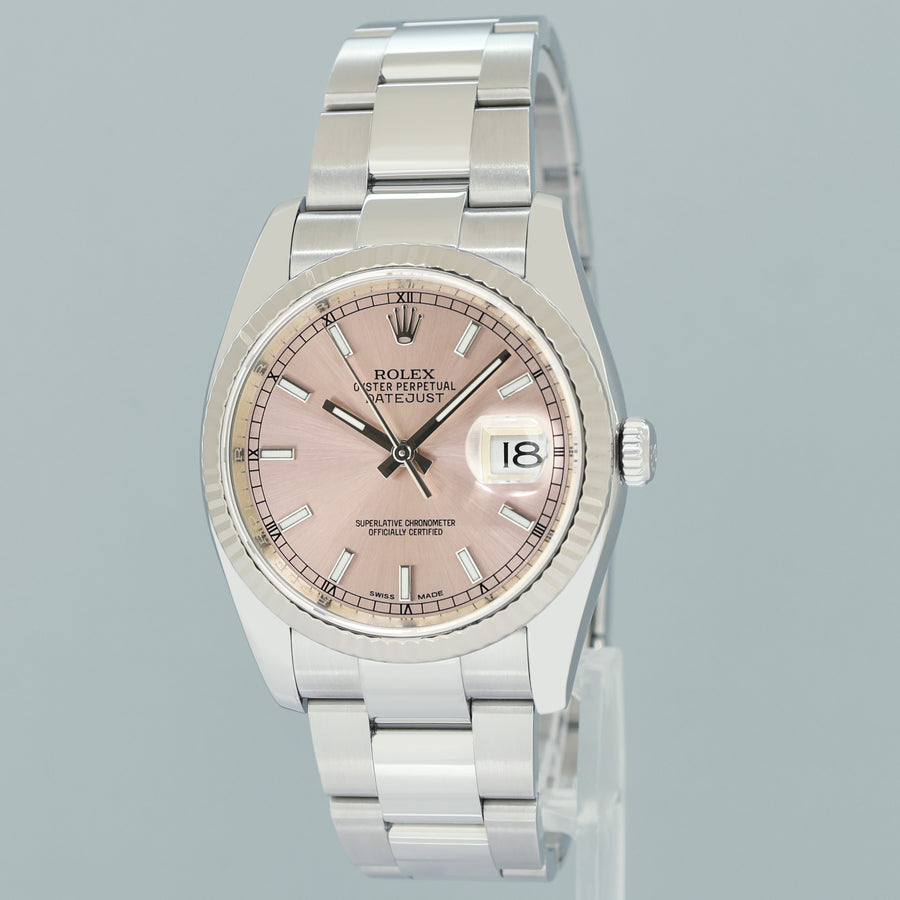 2019 PAPERS MINT Rolex DateJust Steel White Gold Fluted Pink 116234 36mm Oyster Watch