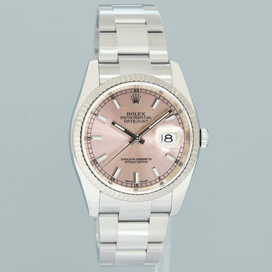 2019 PAPERS MINT Rolex DateJust Steel White Gold Fluted Pink 116234 36mm Oyster Watch