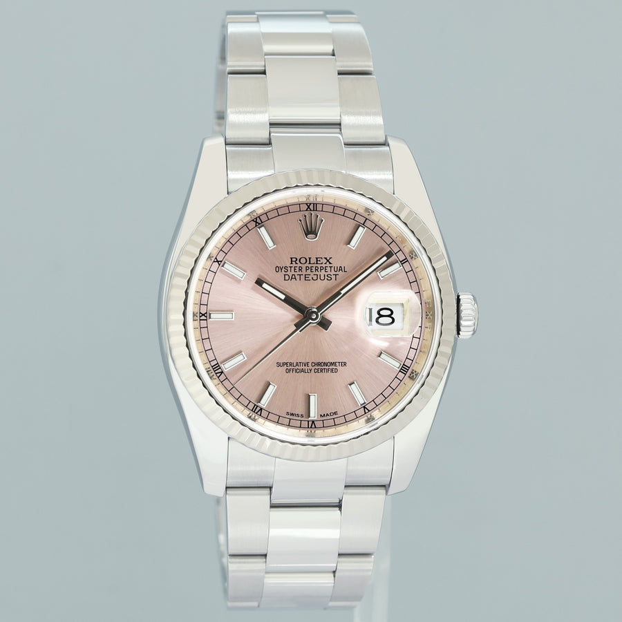2019 PAPERS MINT Rolex DateJust Steel White Gold Fluted Pink 116234 36mm Oyster Watch
