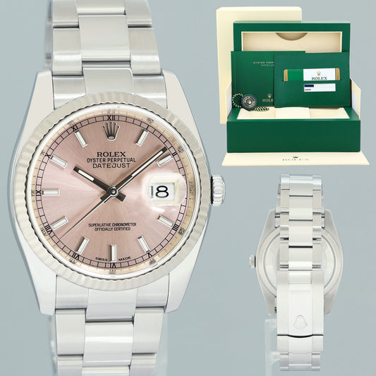 2019 PAPERS MINT Rolex DateJust Steel White Gold Fluted Pink 116234 36mm Oyster Watch