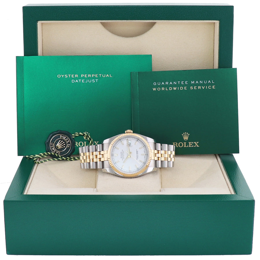 2015 MINT Rolex DateJust Jubilee Two Tone Gold Steel White Stick 36mm 116233 Watch